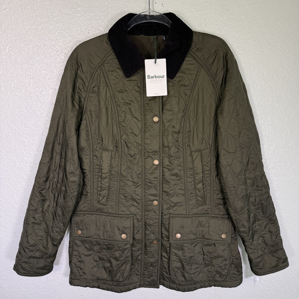 Barbour Beadnell Polar Jacket Women 10 Green Quilted Zip Snap Front Fleece Lined